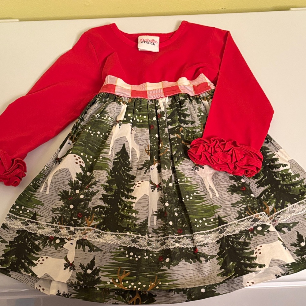 Natalie Grant Tie-Back Red and Green Reindeer Print Holiday Dress 3T